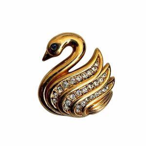 Vintage Krementz Gold Plated Swan Rhinestone Brooch